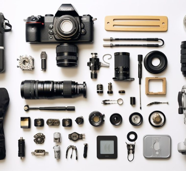 flat-lay-with-camera-gear-white-background